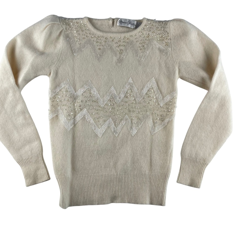 Marisa Christina Cream Beaded Chevron Angora Lambswool Sweater Puff‎ Sleeve - Picture 2 of 8